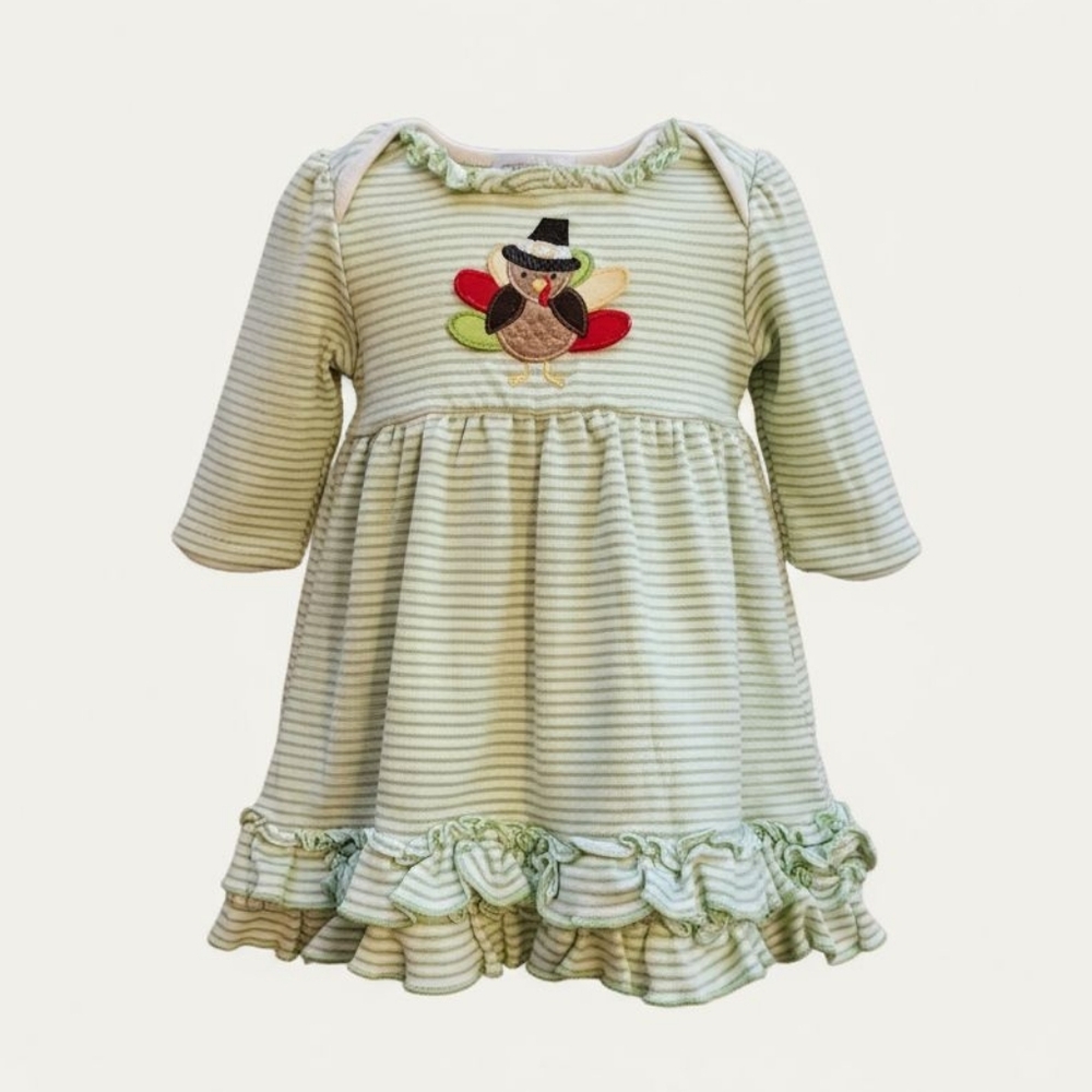 Magnolia Baby Green Striped Dress with Turkey Design Sz 3M